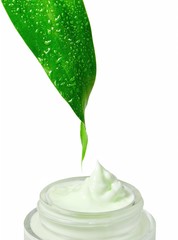 Cosmetic cream with fresh green leaf on white background