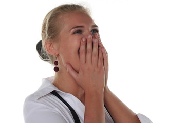 Young blond girl is crying from happiness