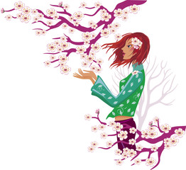 Spring girl and tree in bloom. Vector illustration