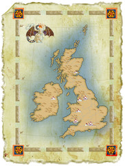 map of Great Britain in age-old style with a dragon