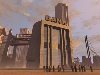 people standing near bank in destroyed city