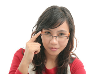 woman touching spectacles