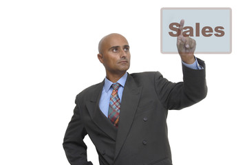 Businessman making choices isolated against a white background