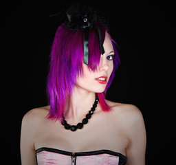 Attractive Emo Girl in Pink Corset Looking at Camera