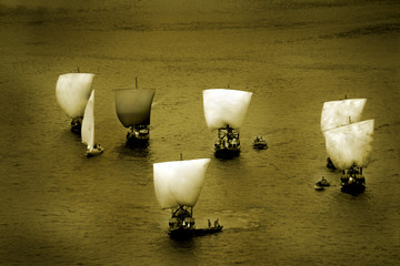 old photo with vintage boats in Douro river, Portugal