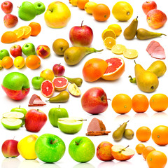 fruits and ham on white