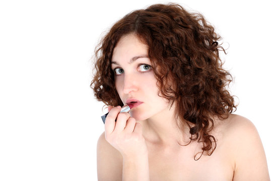 girl in bathroom with lipstick isolated on white
