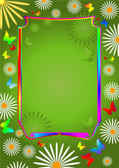 Fototapeta na wymiar Green floral summer background with butterflies and flowers