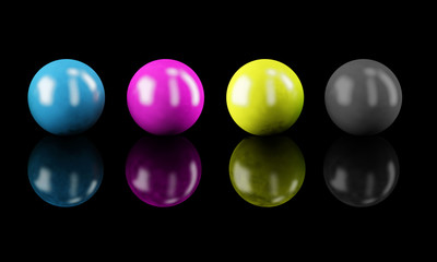 Set of balls isolated on black: CMYK colors