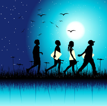 Children Group On Nature, Night Scene