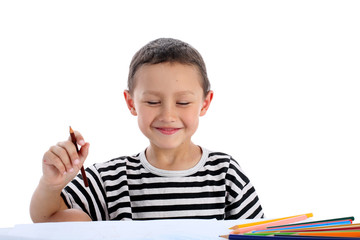 boy with pencils isolated on white
