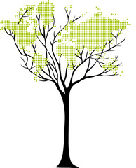 world map tree with dots, vector