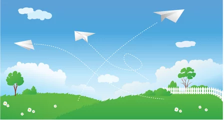 Abwaschbare Fototapete Flugzeuge, Ballon Frühlingsszene mit Papierfliegern