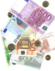 5, 10, 20, 50, 100,  500 euro and coins