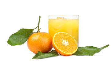 Tangerines and juice from tangerines on a white background