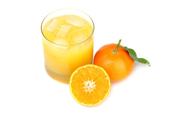Tangerines and juice from tangerines on a white background