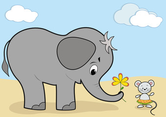 Baby elephant and mouse. Vector illustration.