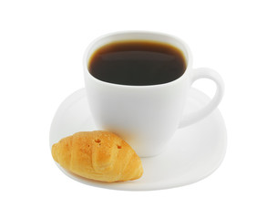 Small croissant and white cup of coffee for breakfast