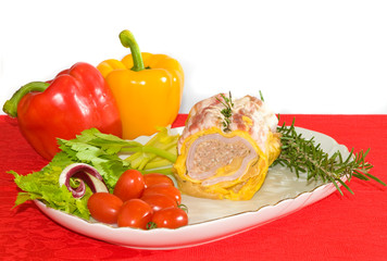 Chicken and bacon roulades stuffed with boiler ham and beef