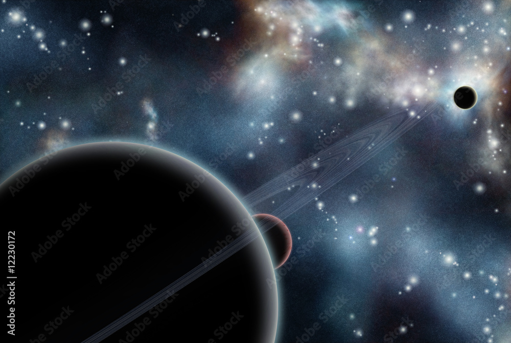 Wall mural digital created starfield with cosmic nebula and planets