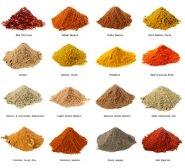  zestien stapels Indiase poederkruiden met zijn namen © Elena Moiseeva