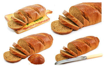 Set of whole wheat breads and tableware isolated
