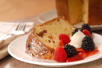Freshly baked Italian Panettone Christmas Bread with fruit