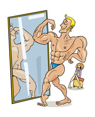 Illustration of muscular man look in the mirror