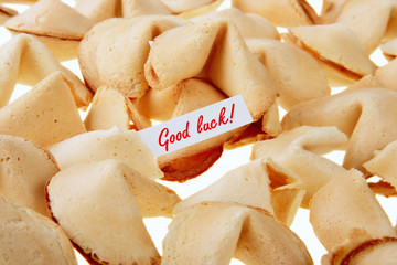 GOOD LUCK! - backlit fortune cookies over white