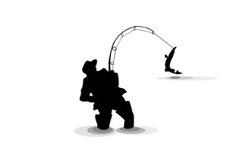 silouette fishing with a pike isolate