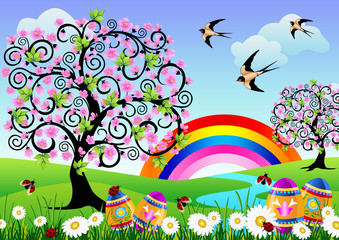 Paysage de printemps avec des œufs de Pâques, des coccinelles et un arc-en-ciel