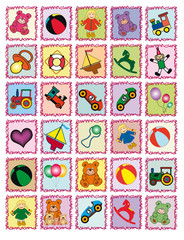 farbige marken mit verschiedenen spielzeugen