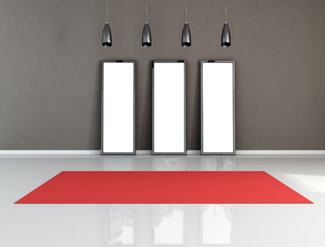 Red Carpet In A Black And White Room With Blank Canvas