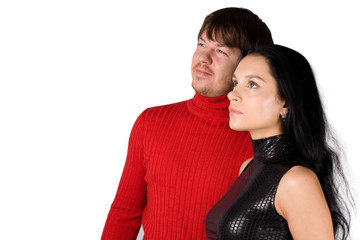 Couple in love smiling. Over white background