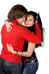 Couple in love smiling. Over white background