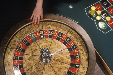 Spinning of the roulette wheel in a casino.