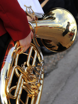 musician with red currency with the trumpet in hand