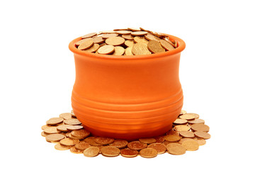 Ceramic pot with coins.
