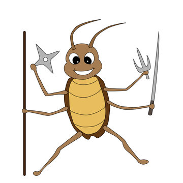 A Cute Fighting Cockroach Holding Weapons