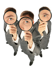 business team with magnifiers collage