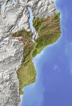 Mozambique, Shaded Relief Map