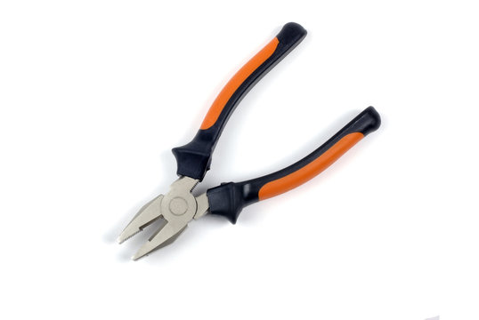 Orange and black pliers isolated on white background with shadow