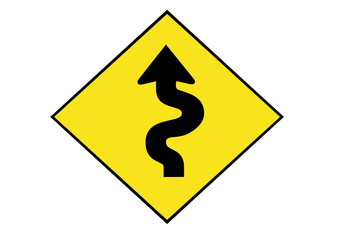 road bends yellow sign - obrazy, fototapety, plakaty