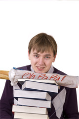 Young smiling man with backpack holding books and Baguette