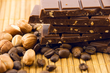 chocolate, coffee grains and nuts