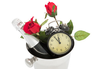 Sektkübel mit Uhr und Rosen