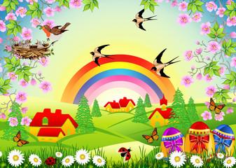 Fond de Pâques avec des oeufs en chocolat, des oiseaux et un arc-en-ciel