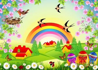 Foto auf Acrylglas Osterhintergrund mit Schokoladeneiern, Vögeln und einem Regenbogen © Vanessa