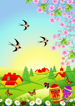 Easter background with chocolate eggs and flying swallows
