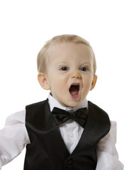 Young child yelling in tuxedo